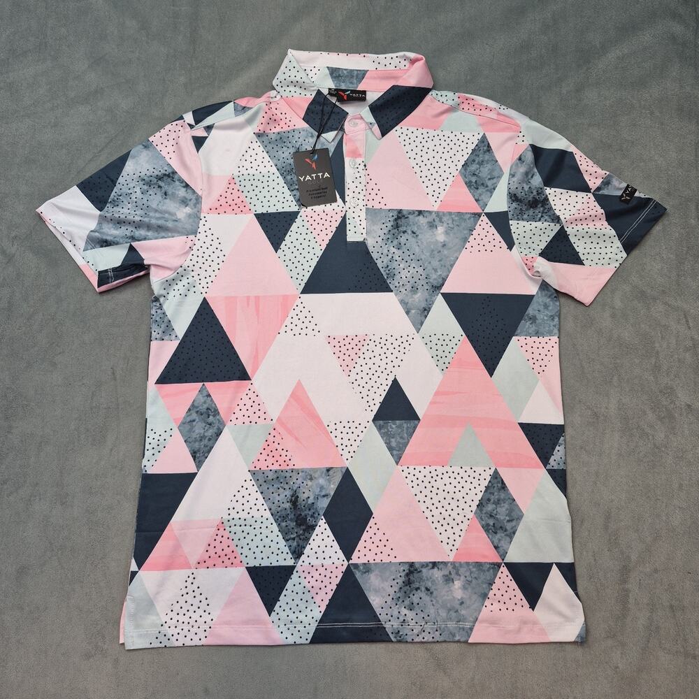 Yatta Golf Men’s Pink Gray Geometric Birdie Hopper Short Sleeve Polo Size M NEW